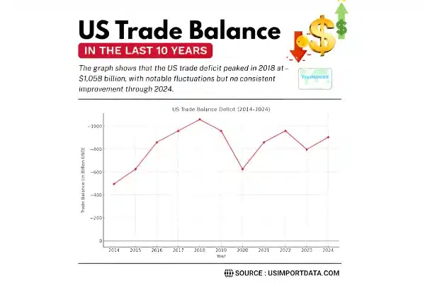 تراز تجاری آمریکا از سال 2014 تا 2024